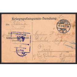 17020 gefangenenlager stendal 1916 paris guerre censure 14/18 ww1 lettre kriegsgefangenenpost allemagne germany