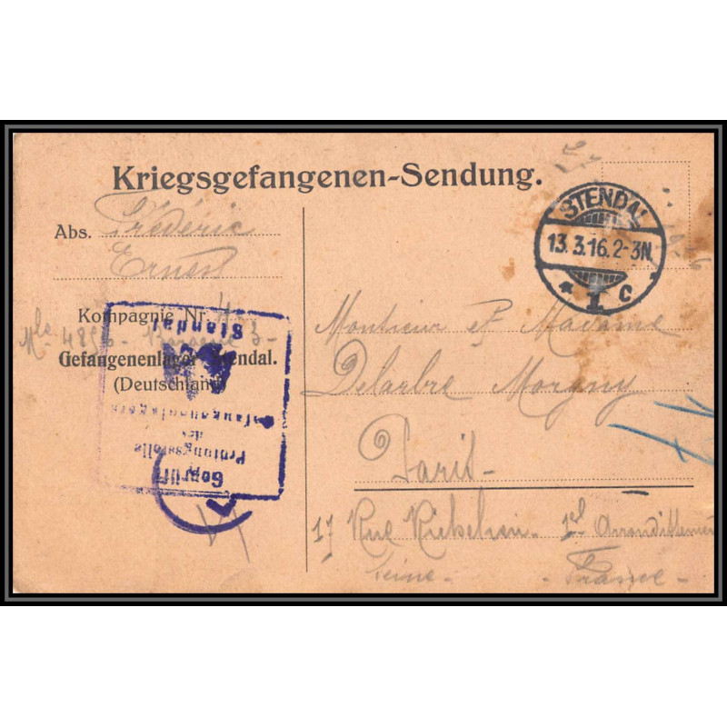 17020 gefangenenlager stendal 1916 paris guerre censure 14/18 ww1 lettre kriegsgefangenenpost allemagne germany