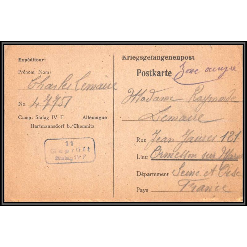 17022 Stalag IV F Hartmannsdorf Chemnitz 1941 guerre censure 39/45 ww2 ormesson sur marne kriegsgefangenenpost allemagne