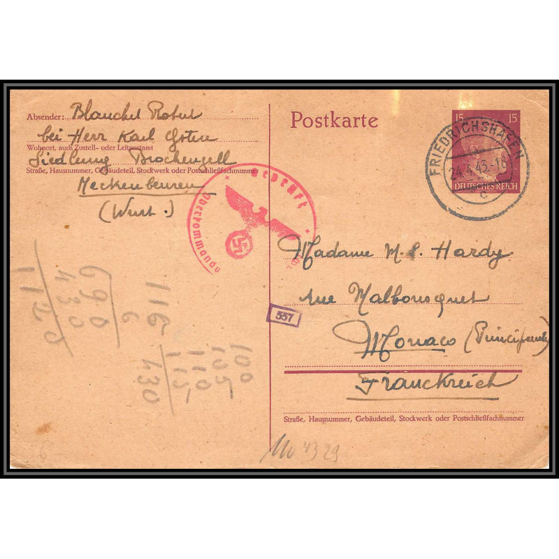 17027 guerre 1943 friedrichshafen censure 39/45 ww2 reich allemagne germany carte postcard entier stationery