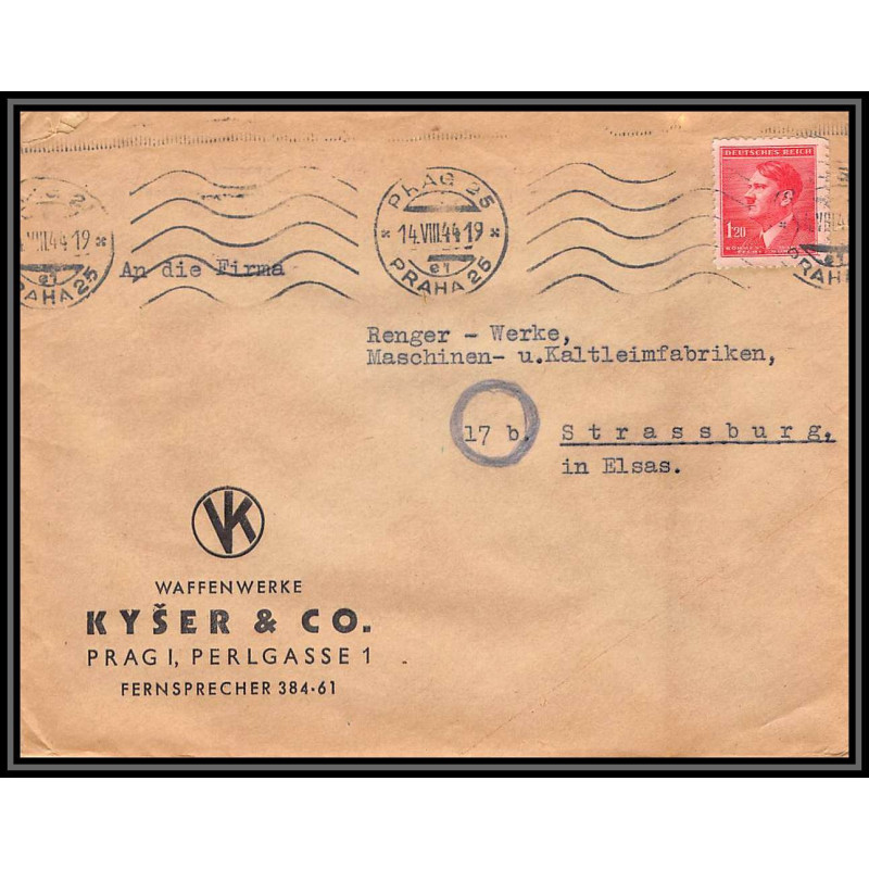 17032 guerre censure 39/45 ww2 allemagne praha kyser 1944 strasbourg reich germany lettre cover france