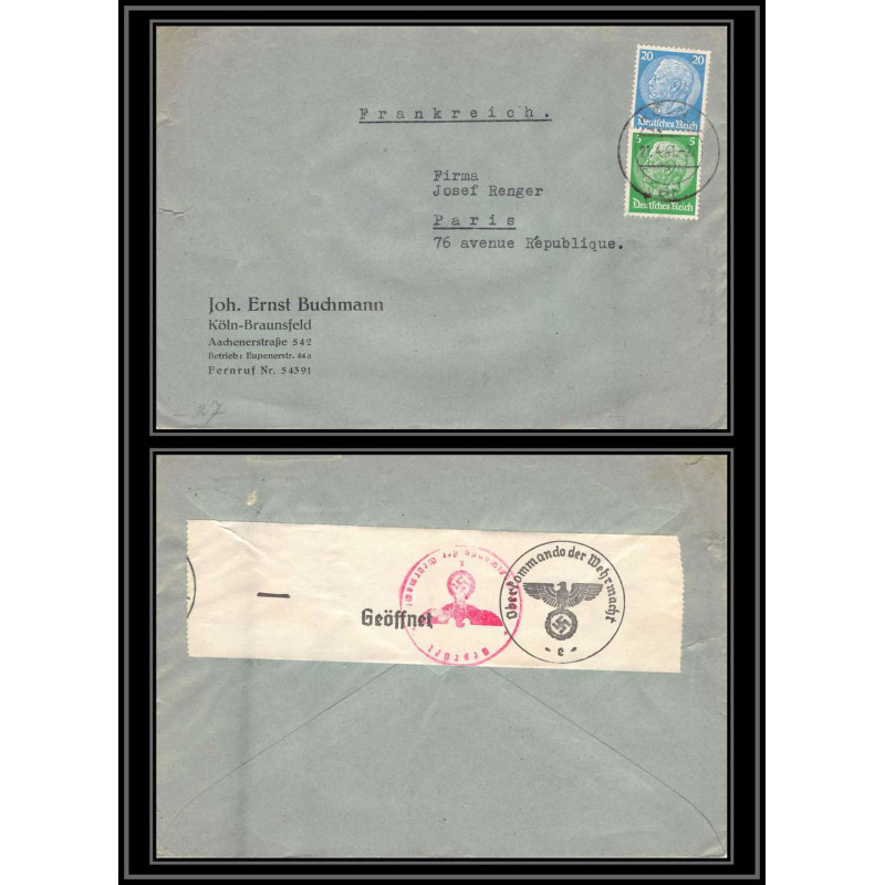 17043 koln 1941 pour paris guerre censure 39/45 ww2 allemagne reich germany lettre cover