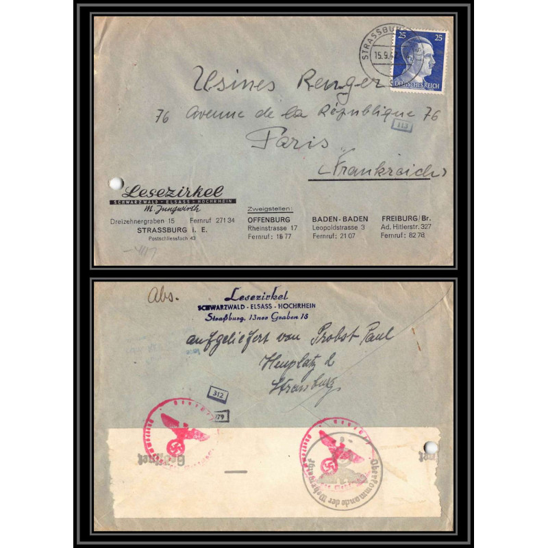 17050 lesezirkel strasbourg 1942 paris guerre censure 39/45 ww2 allemagne reich germany lettre cover