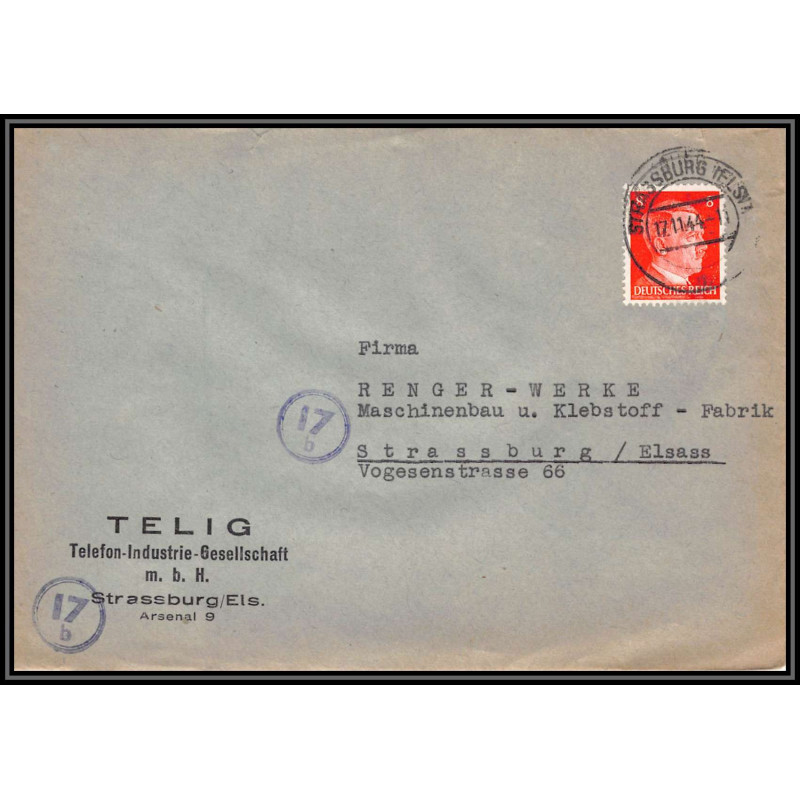 17058 telig strasbourg 1944 guerre 17b censure 39/45 ww2 allemagne reich germany lettre cover