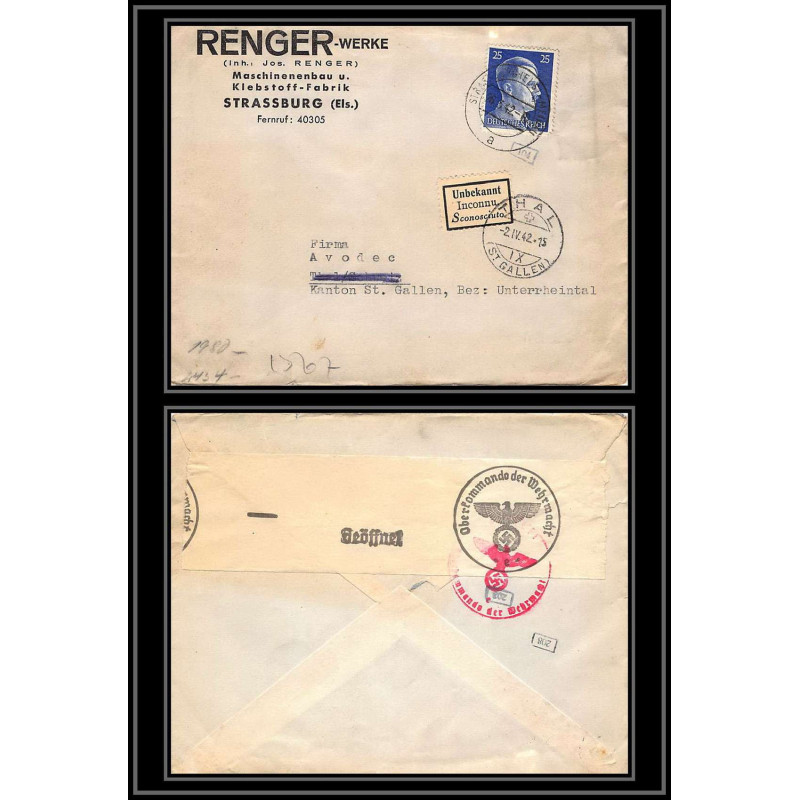 17060 renger strasbourg 1942 pour thal suisse guerre censure 39/45 ww2 allemagne reich germany lettre cover