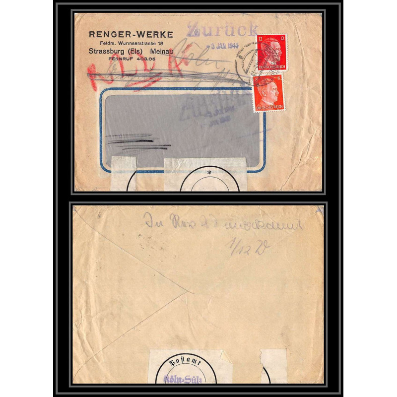 17062 renger strasbourg 1944 censure guerre 39/45 ww2 allemagne reich germany lettre cover
