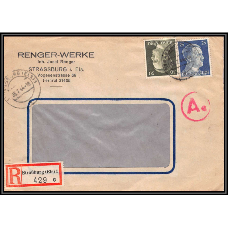 17064 recommandé renger strasbourg 1944 censure guerre 39/45 ww2 allemagne reich germany lettre cover