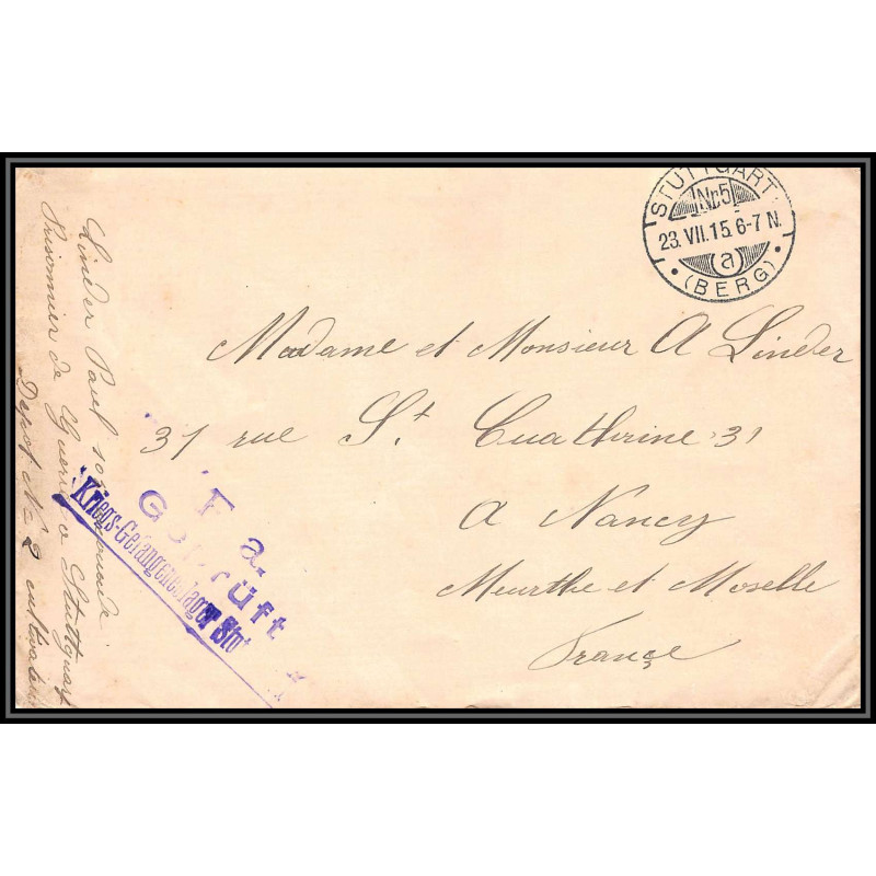 17066 camp de Stuttgart 1915 POUR NANCY censure guerre 14/18 ww1 feldpost allemagne germany lettre cover