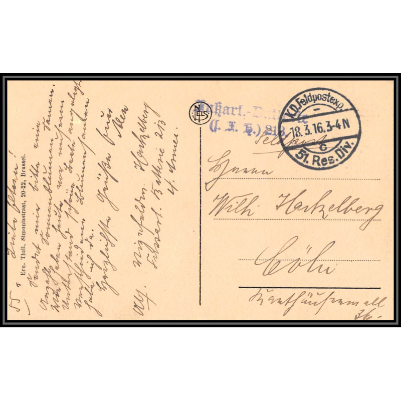 17070 51 Reserve-Division 1916 POUR COLN guerre 14/18 ww1 feldpost allemagne germany carte postcard