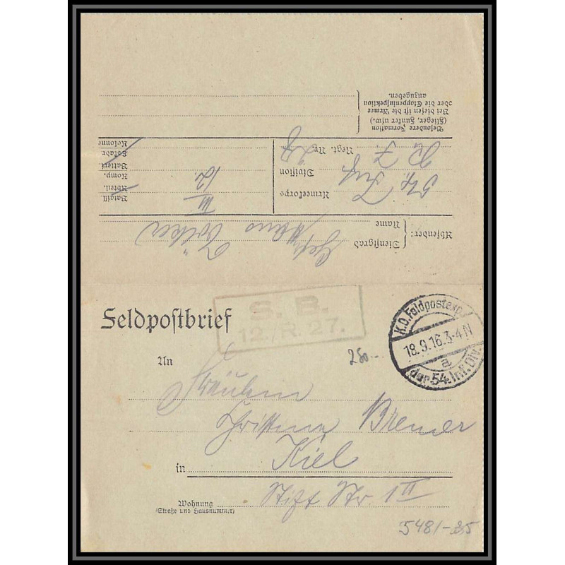 17076 54 division d’infanterie allemande 1916 kiel censure guerre 14/18 ww1 feldpost allemagne germany cover