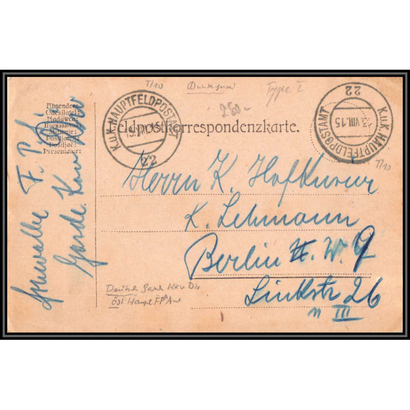 17088 Hauptfeldpostamt 22 1915 pour berlin censure guerre 14/18 ww1 feldpost allemagne germany feldpostkarte