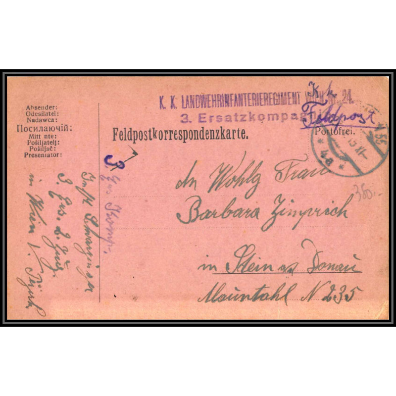 17092 LANDWEHRINFANTERIEREGIMENT 24/3 Wien 1915 censure guerre 14/18 ww1 feldpost allemagne germany feldpostkarte