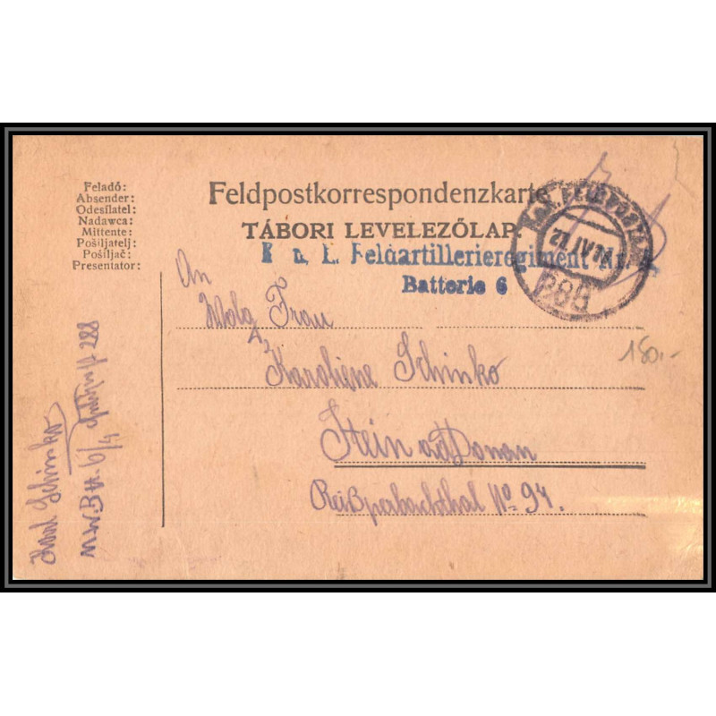 17093 TÁBORI LEVELEZÕLAP Feldartillerieregiment 288 4/6 1918 censure guerre 14/18 ww1 feldpost allemagne feldpostkarte