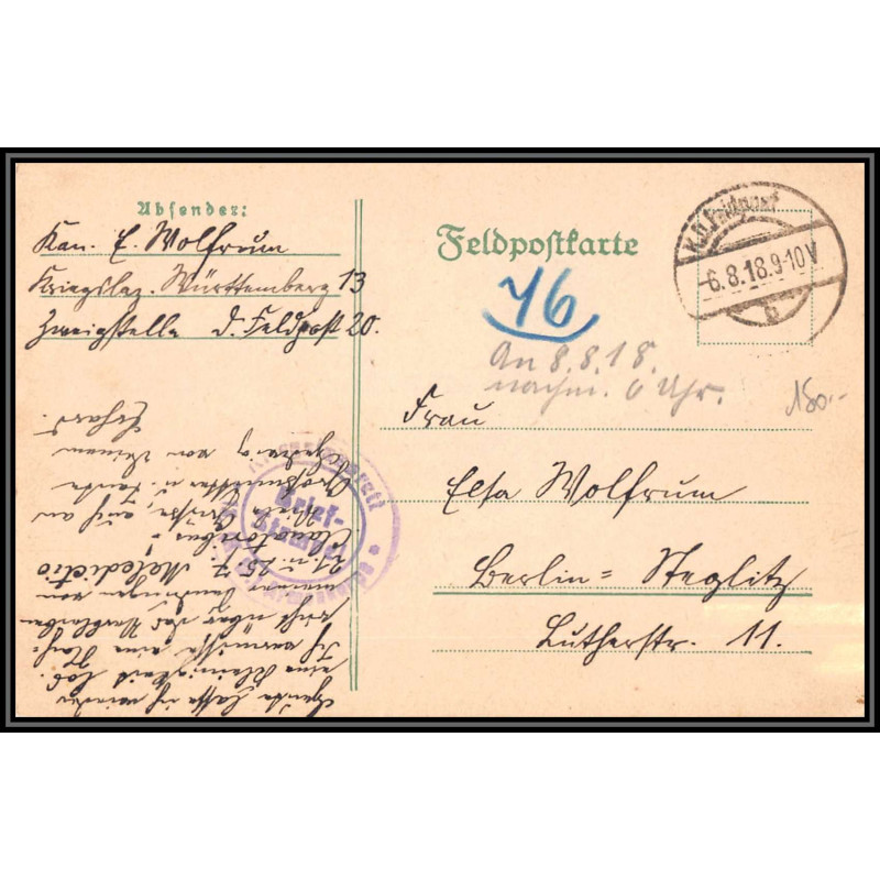 17094 à IDENTIFIER 1918 TTB censure guerre 14/18 ww1 feldpost allemagne germany feldpostkarte