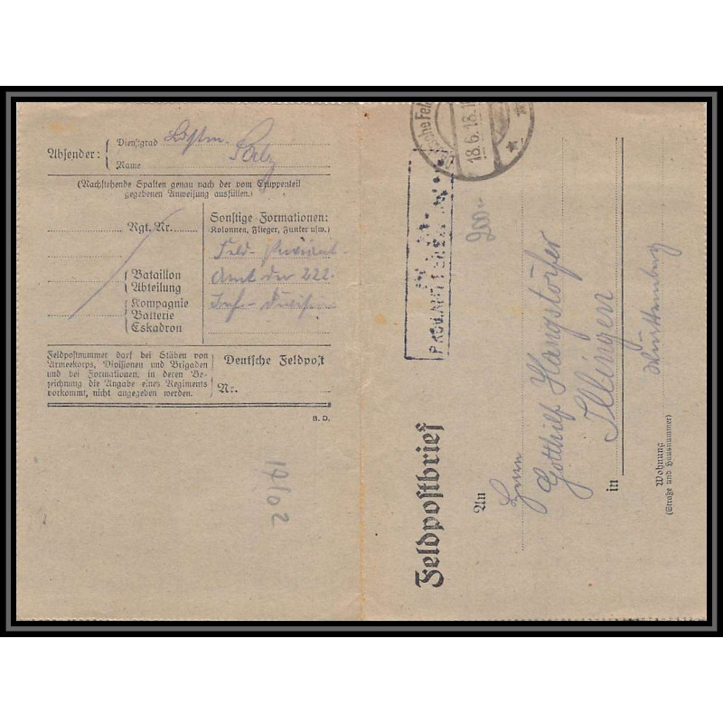 17102 POUR ILLINGEN 1918 censure guerre 14/18 ww1 feldpost allemagne germany feldposTBrief