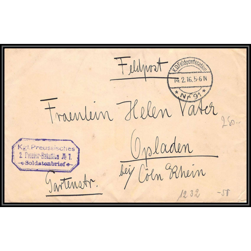 17107 Kgl Preussisches 2 Pionier-Bataillon 7 1916 Opladen guerre 14/18 ww1 feldpost 91 allemagne germany lettre cover