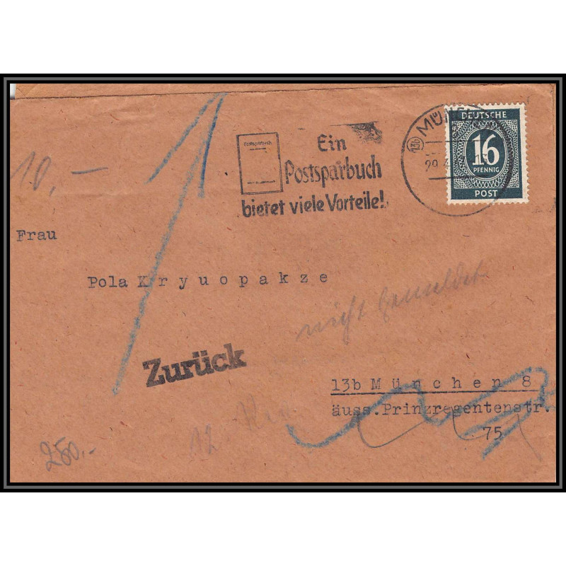 17113 Pola Kryuopakze poland zone usa MUNCHEN 1947 censure guerre 39/45 ww2 feldpost allemagne DEUTSCHE POST lettre