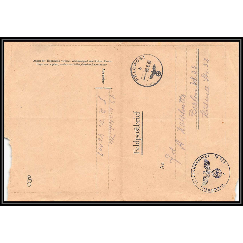 17119 pour berlin 1943 censure 19325 guerre 39/45 ww2 feldpost allemagne reich germany lettre cover