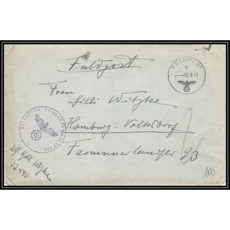 17123 hamburg 1941 censure 17440 guerre 39/45 ww2 feldpost allemagne reich germany lettre cover