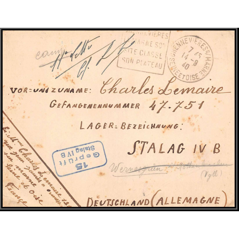 17141 stalag 4b 1940 ormesson Val-de-Marne censure guerre 39/45 ww2 lettre kriegsgefangenenpost allemagne germany