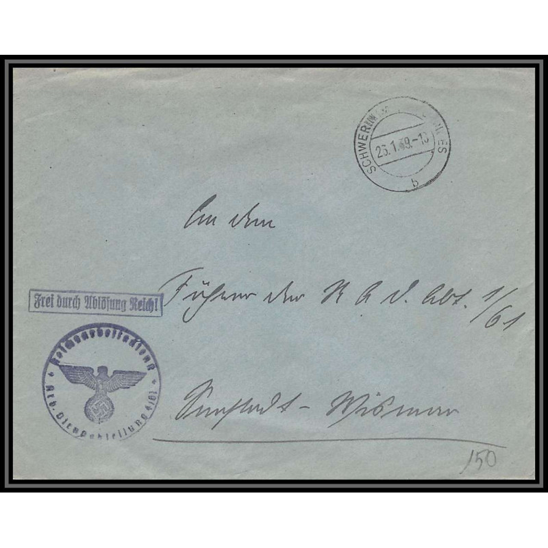 17154 Frei durch Ablösung Reich schewrin 1939 censure guerre 39/45 ww2 feldpost allemagne reich germany lettre cover