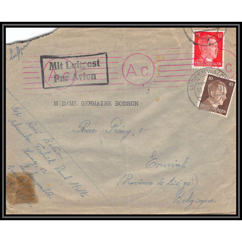 17156 luftpost luckenwalde 1943 belgique Ensival censure guerre 39/45 ww2 feldpost allemagne reich germany lettre cover