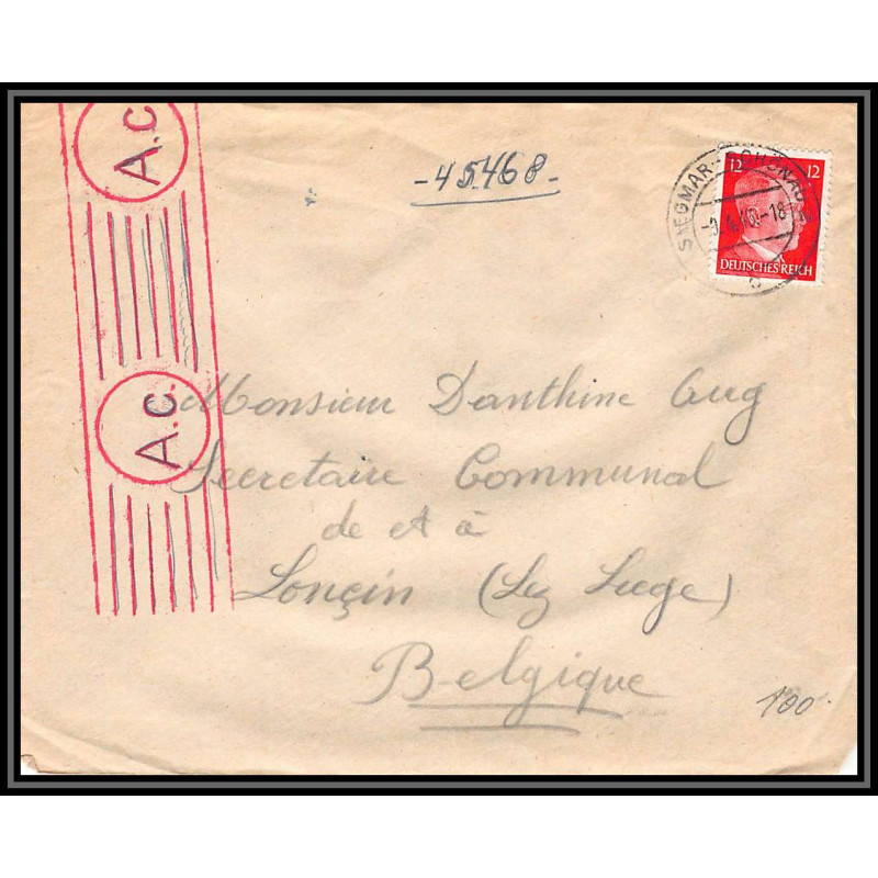 17160 Siegmar-Schönau 1943 loncin belgique censure guerre 39/45 ww2 feldpost allemagne reich germany lettre cover