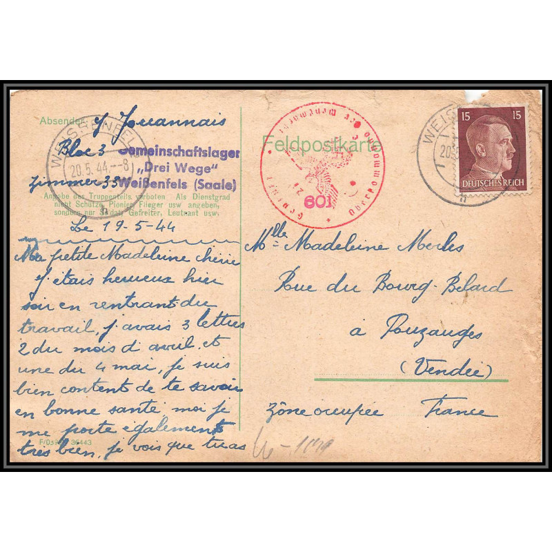 17170 Weissenfels 1944 Pouzauges vendée censure guerre 39/45 ww2 feldpost allemagne reich germany carte postcard