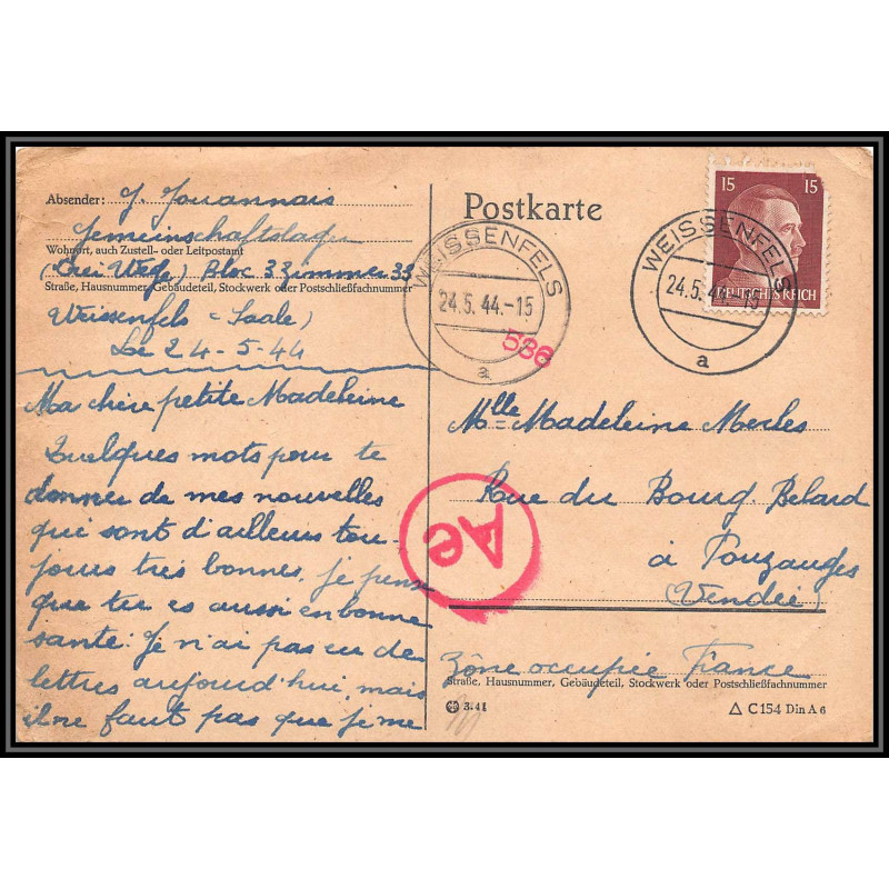 17171 Weissenfels 1944 Pouzauges vendée censure guerre 39/45 ww2 feldpost allemagne reich germany carte postcard