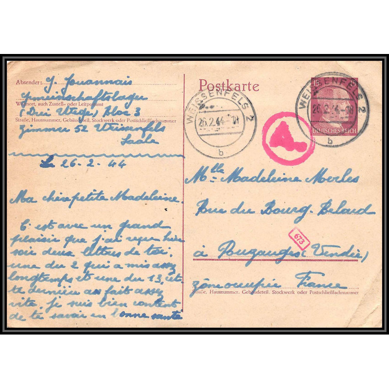 17175 Weissenfels 1944 Pouzauges vendée censure guerre 39/45 ww2 feldpost allemagne reich carte entier stationery