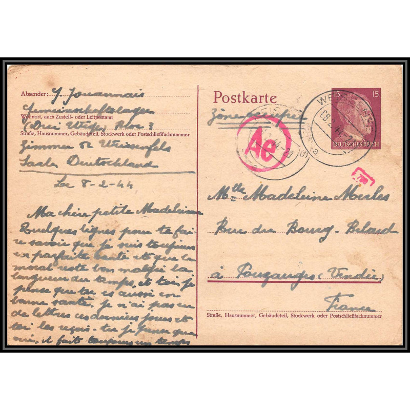 17180 Weissenfels 1944 Pouzauges vendée censure guerre 39/45 ww2 feldpost allemagne reich carte entier stationery