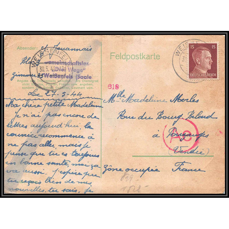 17181 Weissenfels 1944 Pouzauges vendée censure guerre 39/45 ww2 feldpost allemagne reich germany carte postcard