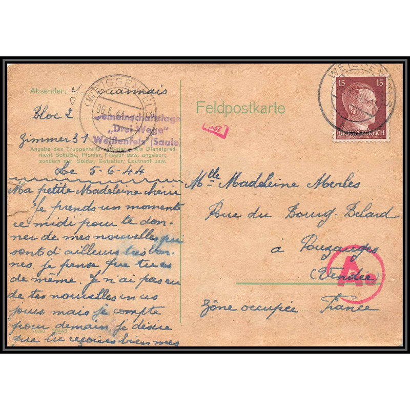 17183 Weissenfels 1944 Pouzauges vendée censure guerre 39/45 ww2 feldpost allemagne reich germany carte postcard
