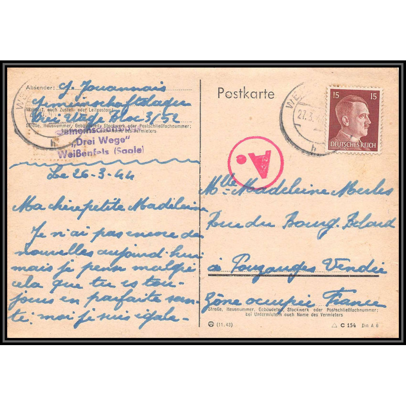17186 Weissenfels 1944 Pouzauges vendée censure guerre 39/45 ww2 feldpost allemagne reich germany carte postcard