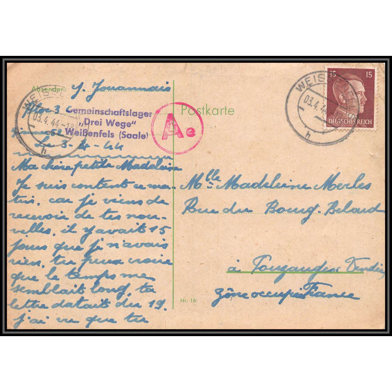 17193 Weissenfels 1944 Pouzauges vendée censure guerre 39/45 ww2 feldpost allemagne reich germany carte postcard