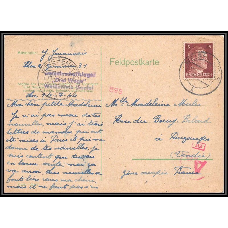 17194 Weissenfels 1944 Pouzauges vendée censure guerre 39/45 ww2 feldpost allemagne reich germany carte postcard
