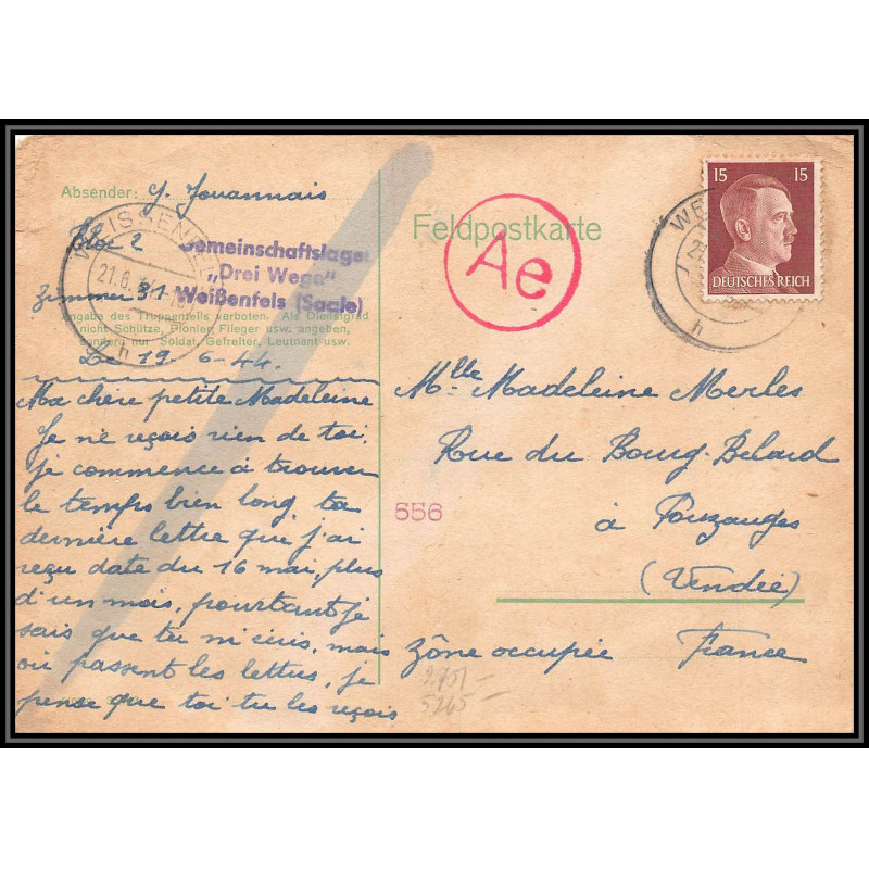 17199 Weissenfels 1944 Pouzauges vendée censure guerre 39/45 ww2 feldpost allemagne reich germany carte postcard