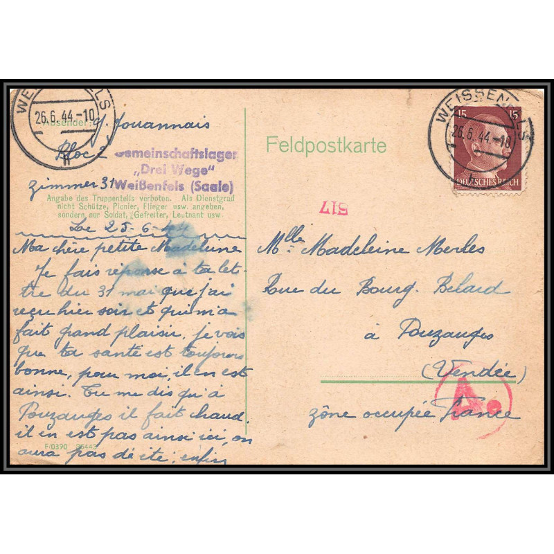 17200 Weissenfels 1944 Pouzauges vendée censure guerre 39/45 ww2 feldpost allemagne reich germany carte postcard