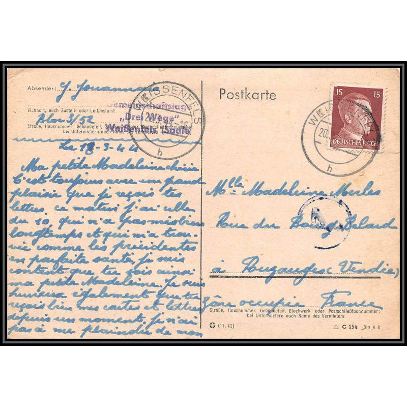 17203 Weissenfels 1944 Pouzauges vendée censure guerre 39/45 ww2 feldpost allemagne reich germany carte postcard