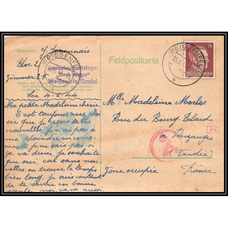 17207 Weissenfels 1944 Pouzauges vendée censure guerre 39/45 ww2 feldpost allemagne reich germany carte postcard
