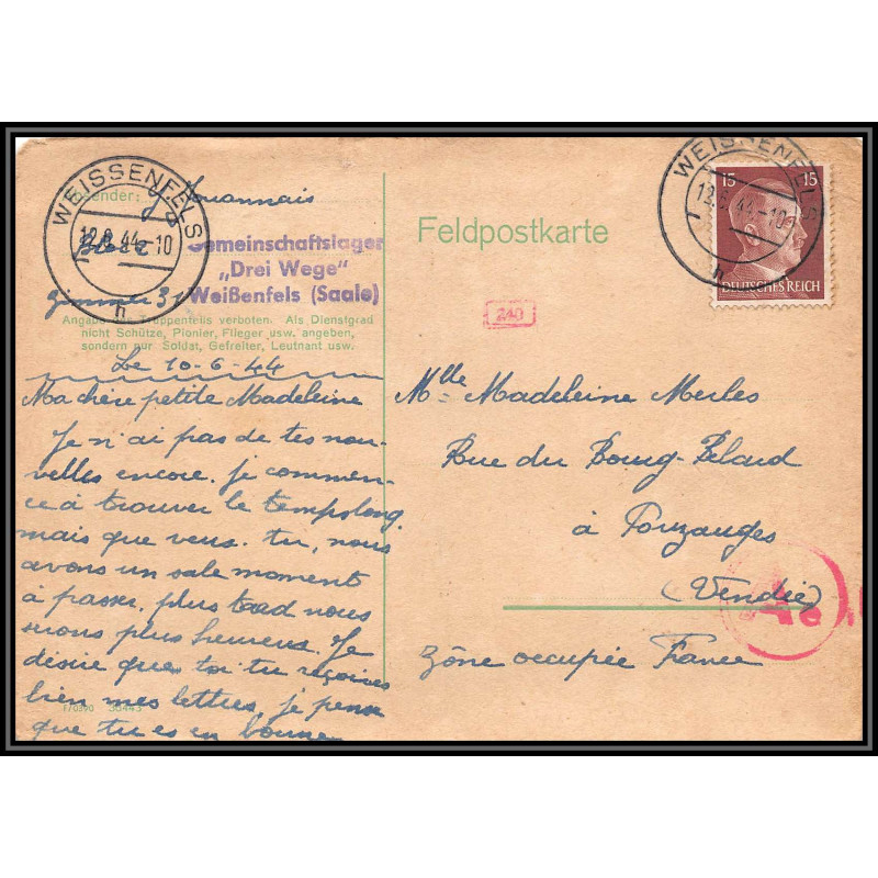 17208 Weissenfels 1944 Pouzauges vendée censure guerre 39/45 ww2 feldpost allemagne reich germany carte postcard