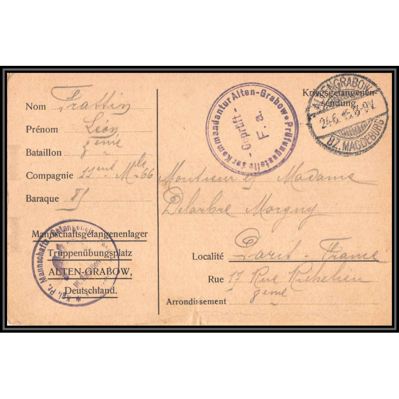 17404 ALTEN-GRABOW MAGDEBURG 1918 pour paris guerre 14/18 ww1 lettre kriegsgefangenenpost allemagne germany