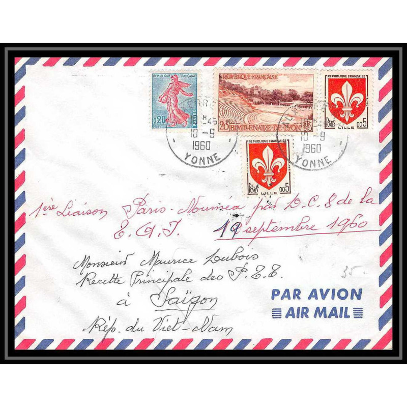 17854 PA poste aérienne First Flight Premier vol aviation france paris noumea escale saigon viet nam 10/09/1960 auxerre 