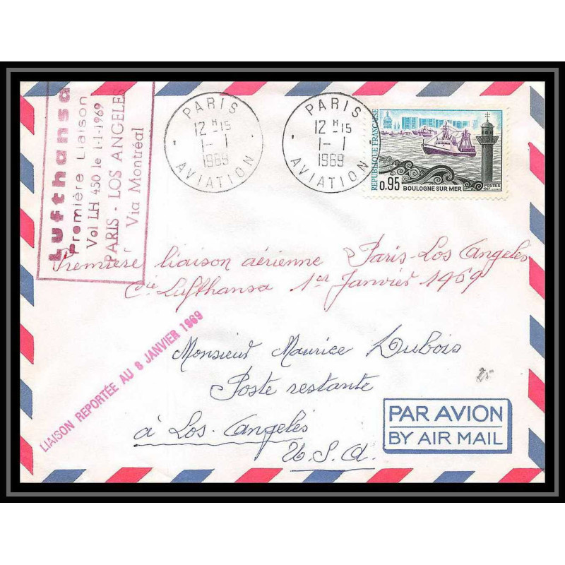 17870 PA poste aérienne First Flight Premier vol aviation france paris los angeles via montreal lufthansa 01/01/1969