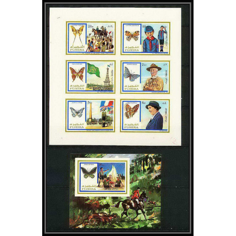 233 - Fujeira MNH ** Mi N°999/1004 B + BLOC 105 B non dentelé imperf Scout scouting - jamboree papillon (butterflies)