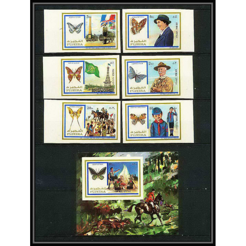 233e Fujeira MNH ** Mi N°999/1004 B + BLOC 105 B non dentelé imperf Scout scouting - jamboree papillon (butterflies)