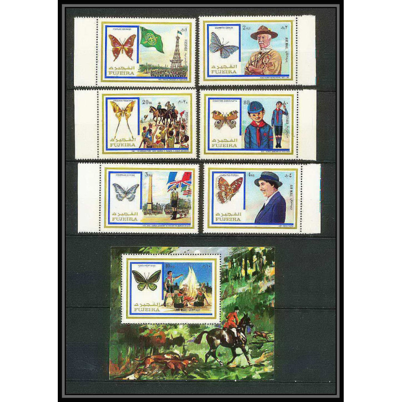 233f Fujeira MNH ** Mi N°999/1004 A + BLOC 105 A Scout scouting - jamboree papillon (butterflies)