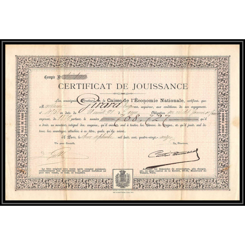 51190 certificat de jouissance girard caisse de l'economie nationale paris 1891 Document