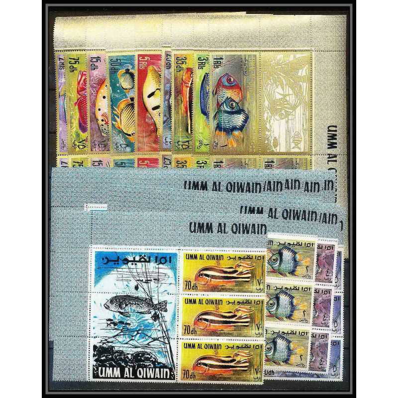 248b - Umm al Qiwain MNH ** Mi N°180/197 bloc 4 coin de feuille poissons avec vignettes les 18 valeurs fish fishes
