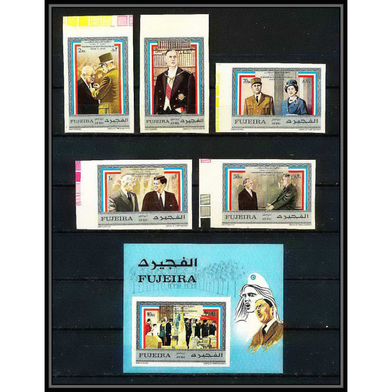 256e - Fujeira MNH ** Mi N°628/632 B + bloc 44 B De gaulle adenauer churchill kennedy Non dentelé imperf